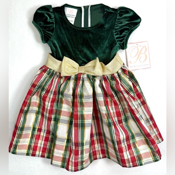 NWT‎ BONNIE JEAN Toddler Girls Christmas Plaid Formal Dress 2T Gold Bow Festive - Picture 1 of 12